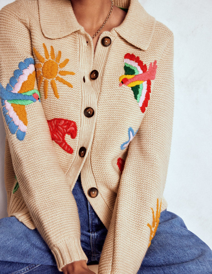 Embroidered Collared Cardigan Ecru Marl