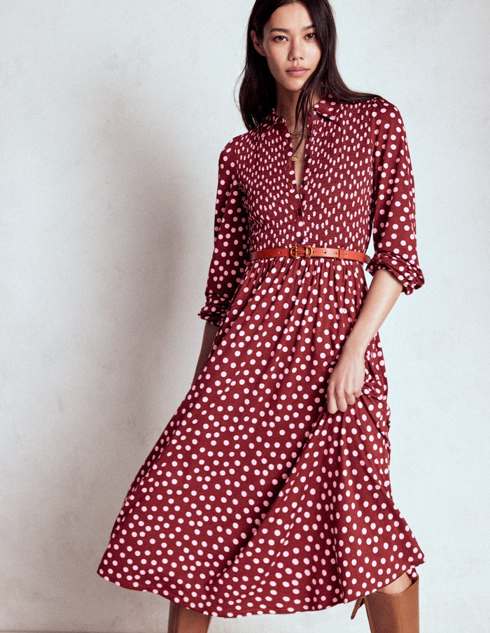 Smocked Jersey Shirt Dress Chestnut, Painted Dot