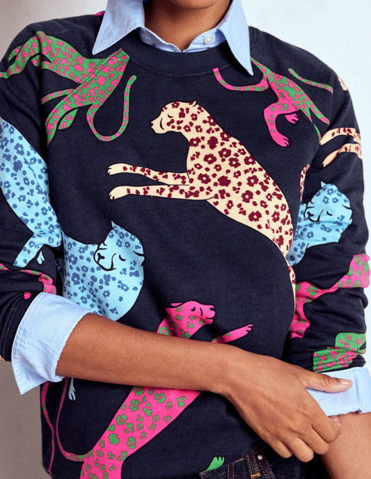 Rosa Printed Sweatshirt Navy, Leaping Leopard