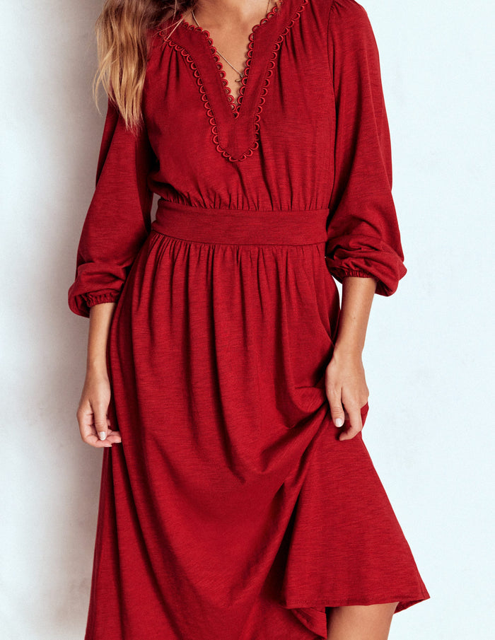 Maddie Picot Trim Midi Dress Carmine Red