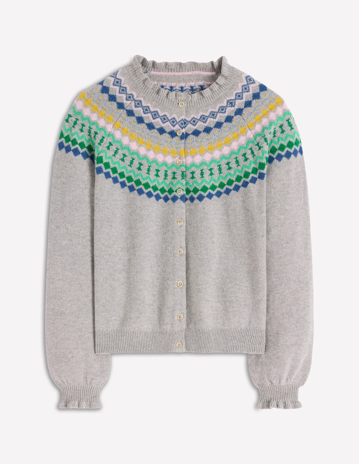 Fae Fair Isle Frilled Cardigan Grey Melange