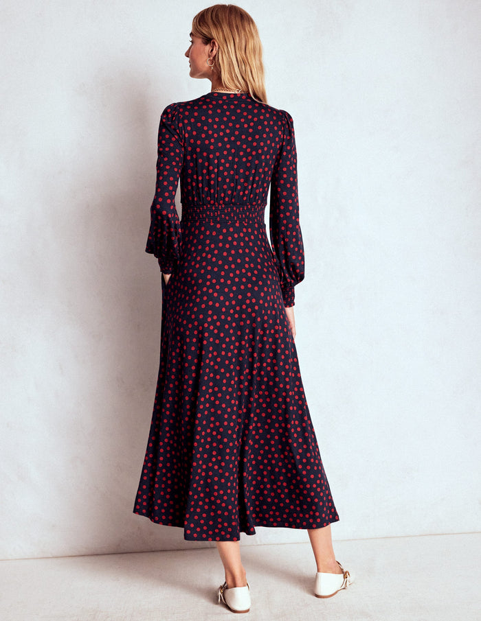 Ivy Smocked Midi Dress French Navy, Painted Dot