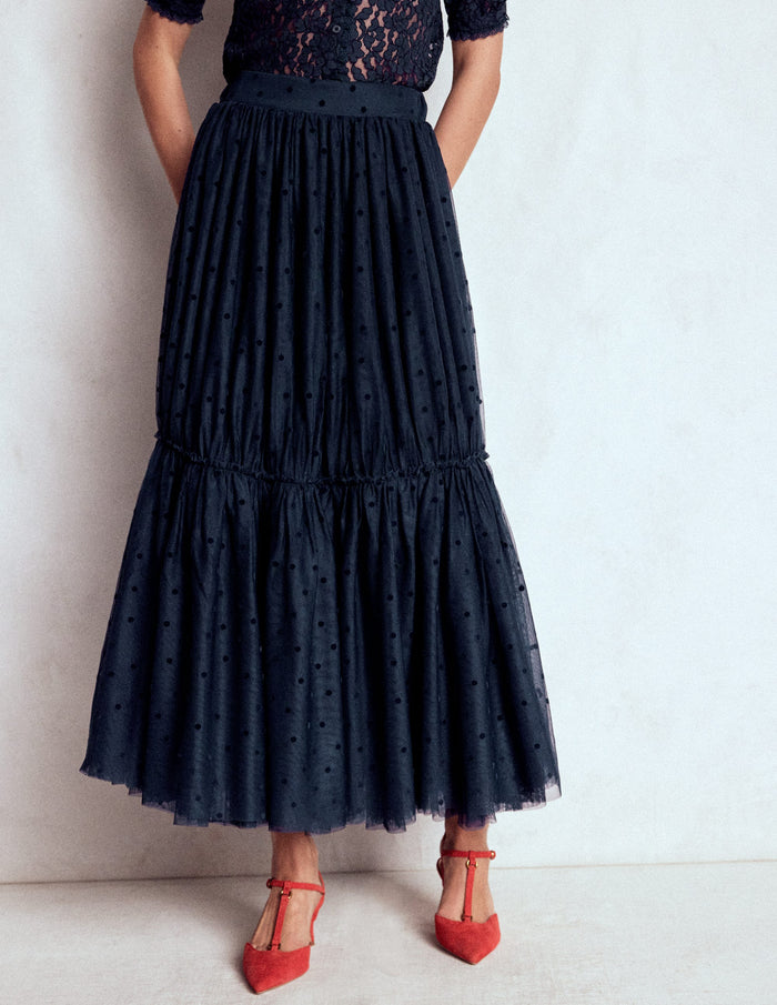 Anna Tulle Midi Skirt Navy Flocked Spot