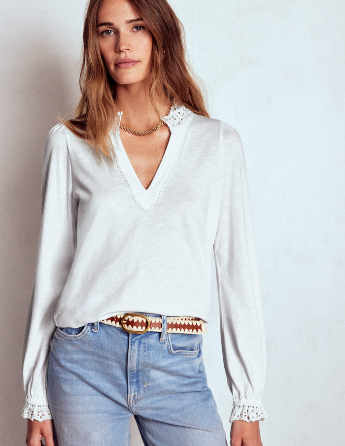 Aria Broderie Notch Neck Top White