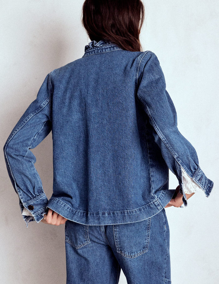 Denim Frill Collar Jacket Mid Wash