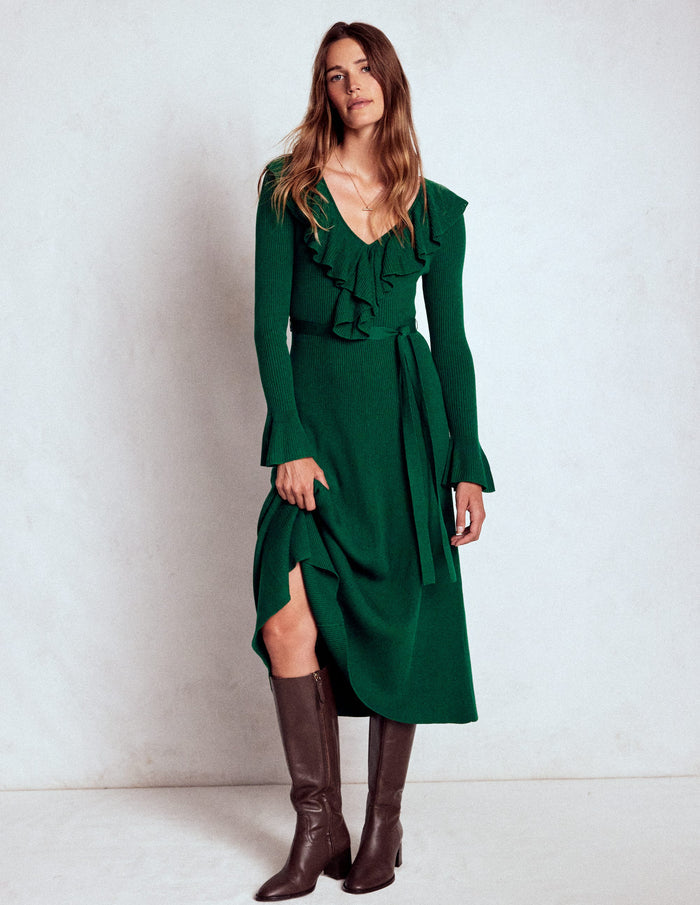 Ruffled Ribbed Dress Emerald Night