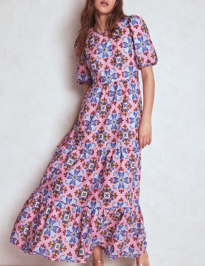 Tiered Poplin Dress Formica Pink, Bloom Mosaic