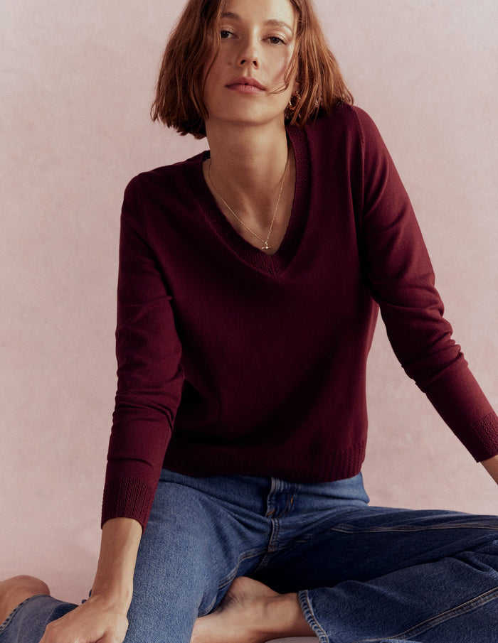 Emilia Cotton V Neck Sweater Deep Wisteria