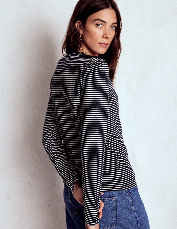 Cotton Crew Long Sleeve Top Navy, Ivory Stripe