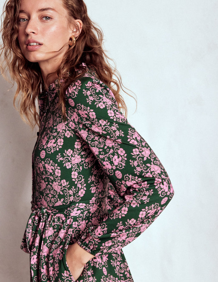 Willow Ruffle Neck Shirt Dress Green, Ornamental Lattice