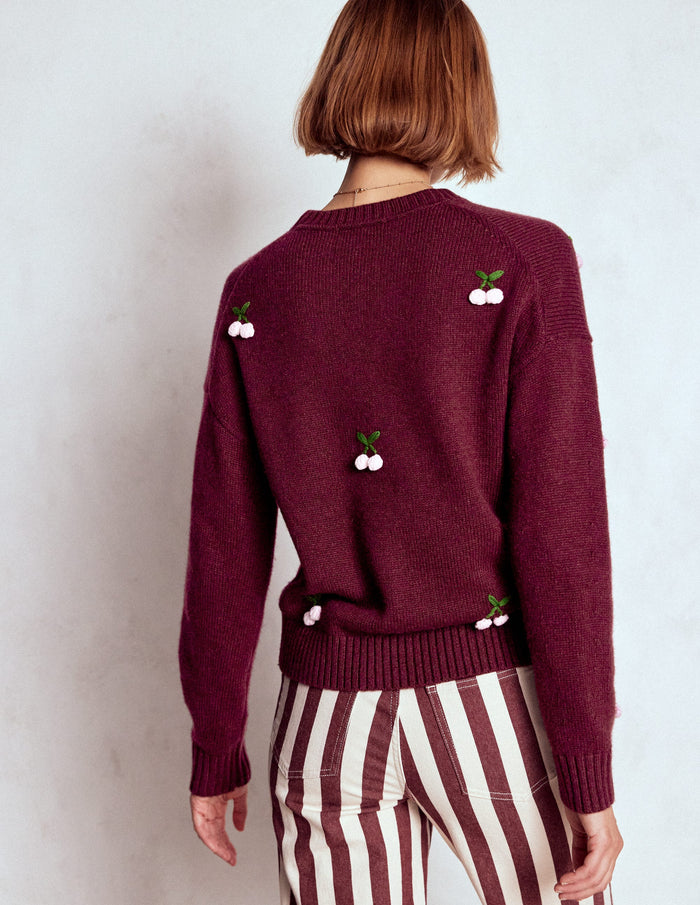 Natalie Embroidered Sweater Chestnut Melange, Cherry