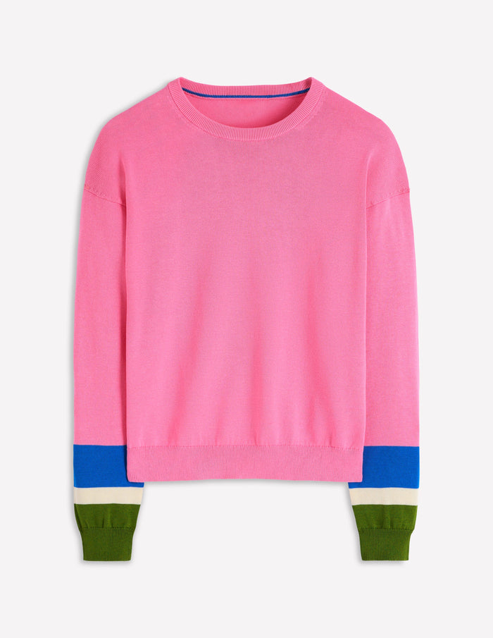 Lara Relaxed Cotton Jumper Pink Lemonade, Cuff Stripe