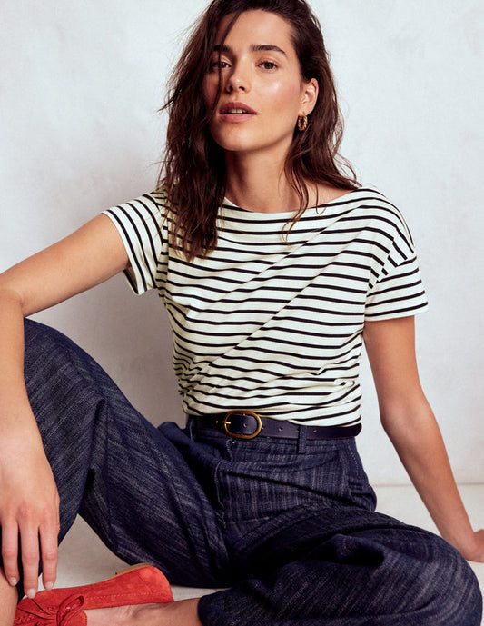 Supersoft Boat Neck T-Shirt Ivory, Navy Stripe