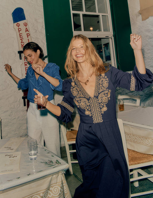 V-Neck Blouson Midi Dress Navy