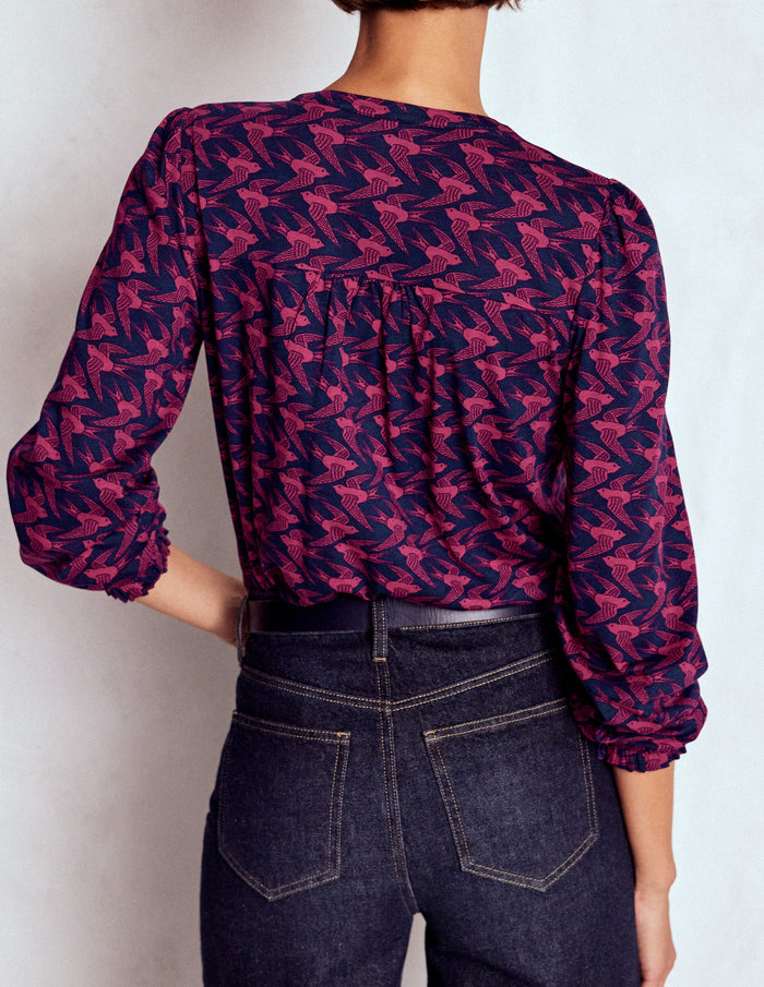 Elsa Smocked Yoke Jersey Shirt French Navy, Swooping Swallow