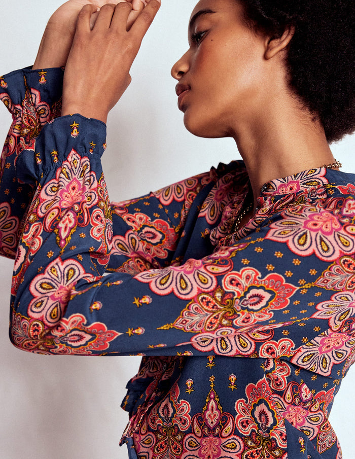 Alice Frill Front Silk Top Navy, Embellished Paisley