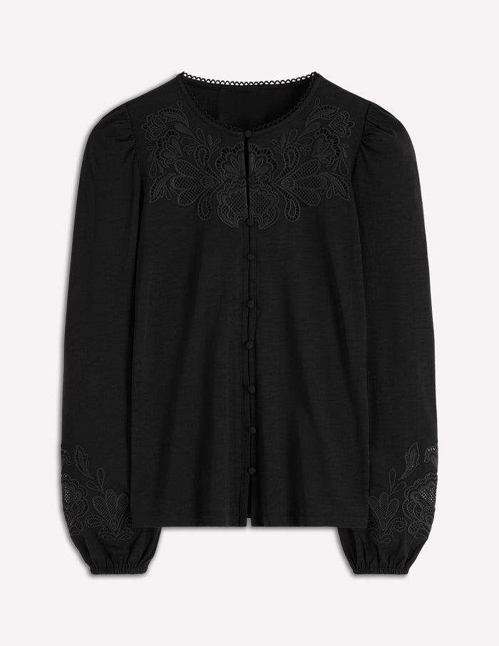 Cutwork Detail Jersey Top Black