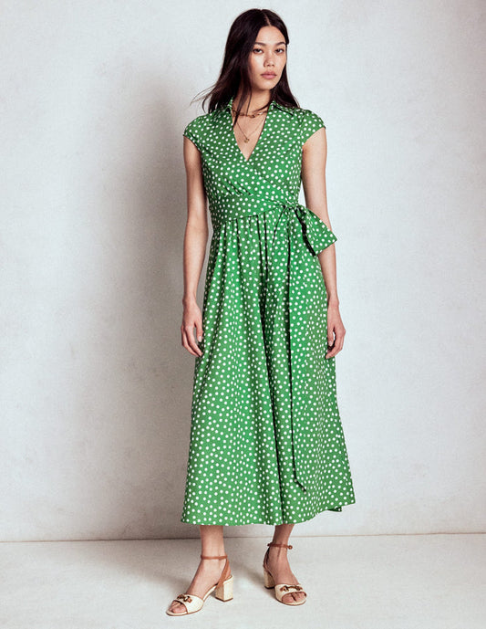 Julia Cotton Wrap Midi Dress Highland Green, Painted Dot