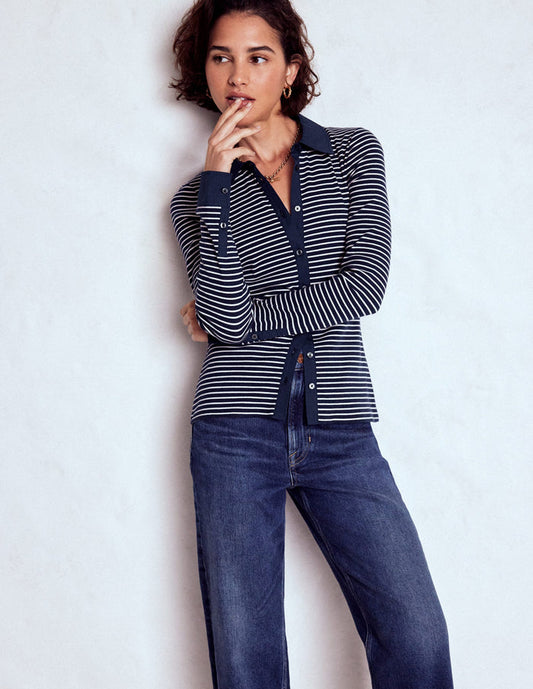 Collared Button Through Top Navy and Ivory Stripe
