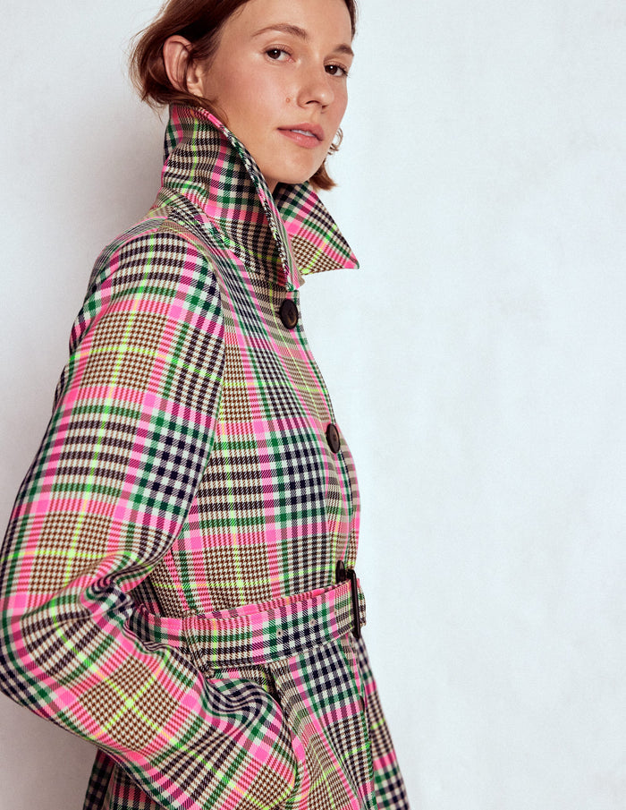 Lancaster Belted Mac Brown, Neon Pink Check