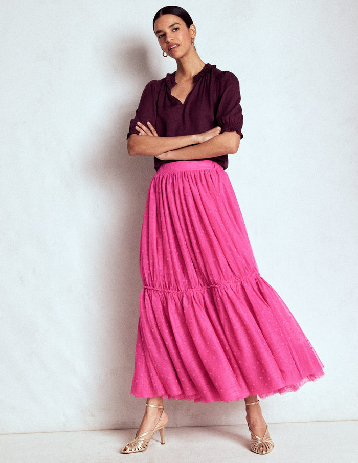 Anna Tulle Midi Skirt Pink Flocked Spot