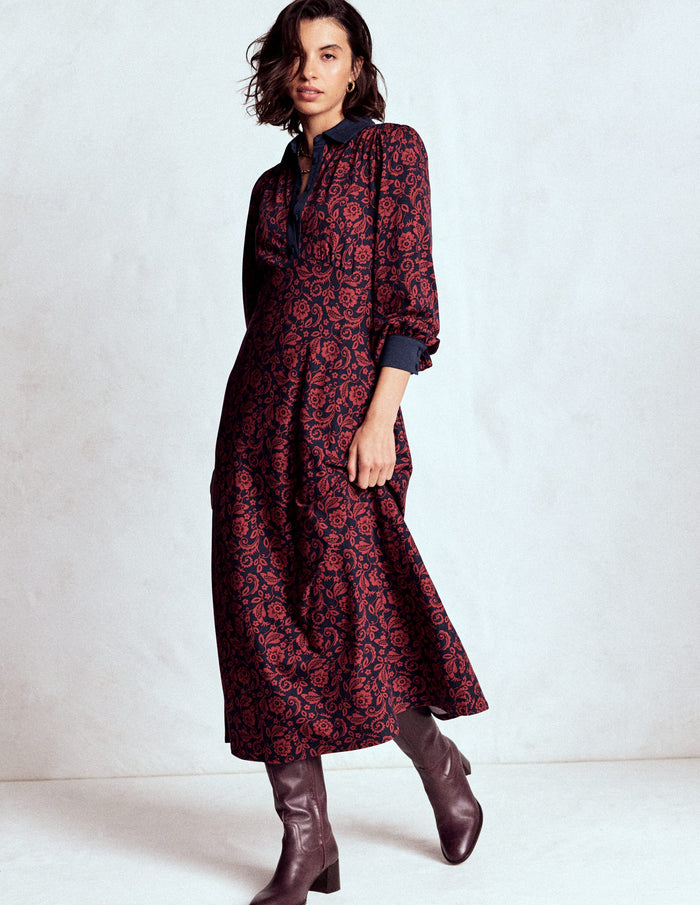 Empire Waistline Shirt Dress Red, Ornate Flora