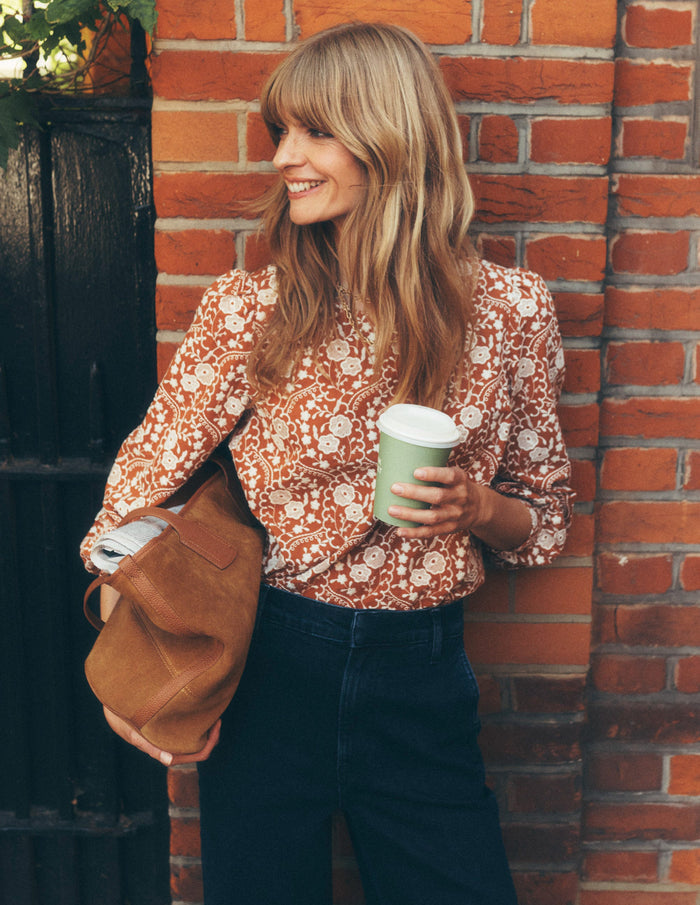 Embroidered Cotton Dobby Top Brown