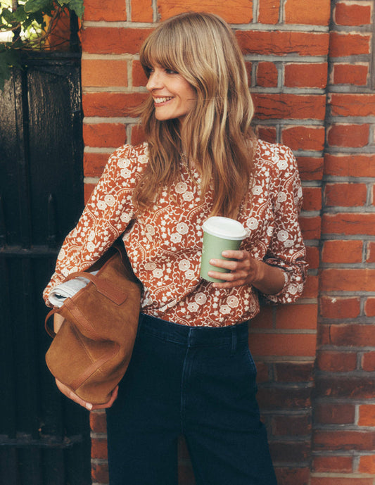 Embroidered Cotton Dobby Top Brown