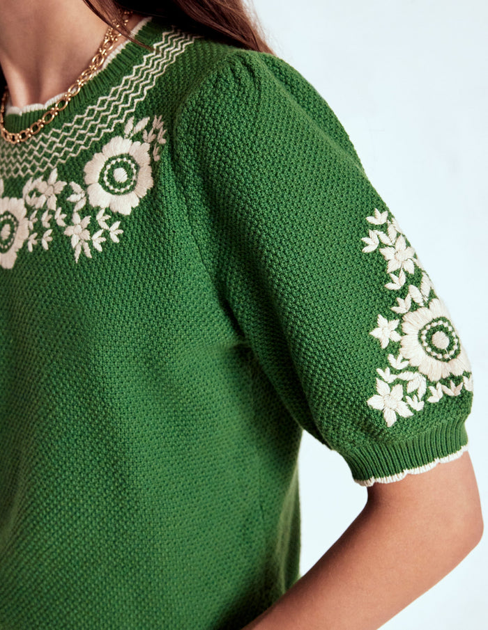 Puff Sleeve Embroidery T-shirt Paradise Green
