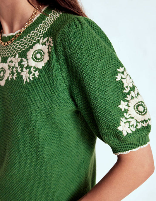 Puff Sleeve Embroidery T-shirt Paradise Green