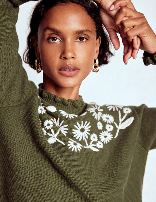 Embroidered Frill Sweater Woodland Green Melange