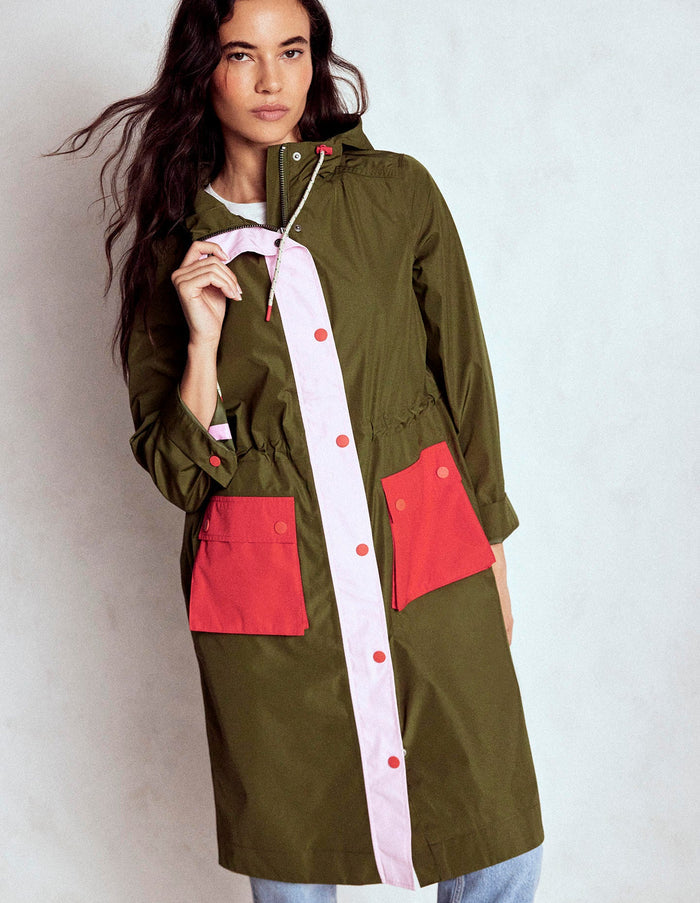 Longline Rain Mac Khaki Colourblock