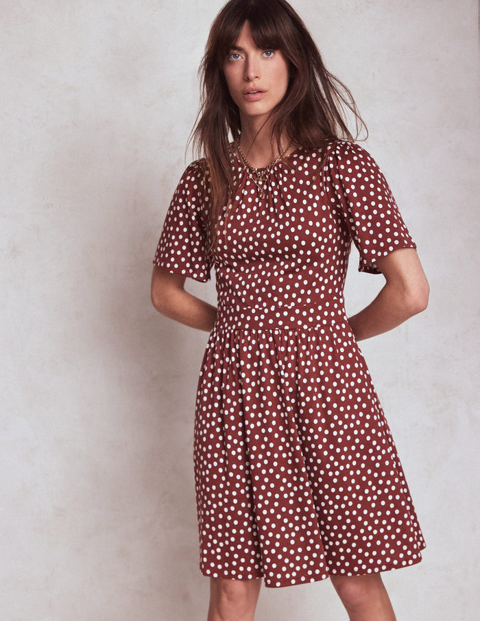 Louisa Short Jersey Dress Chestnut, Painted Dot