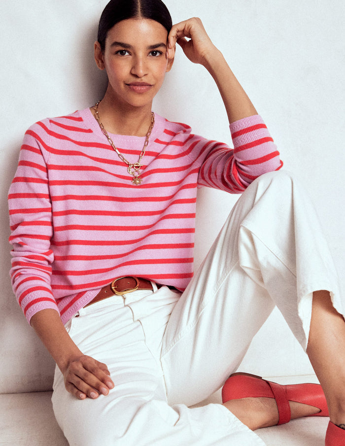 Eva Cashmere Crew Neck Sweater Pink/ Orange Stripe