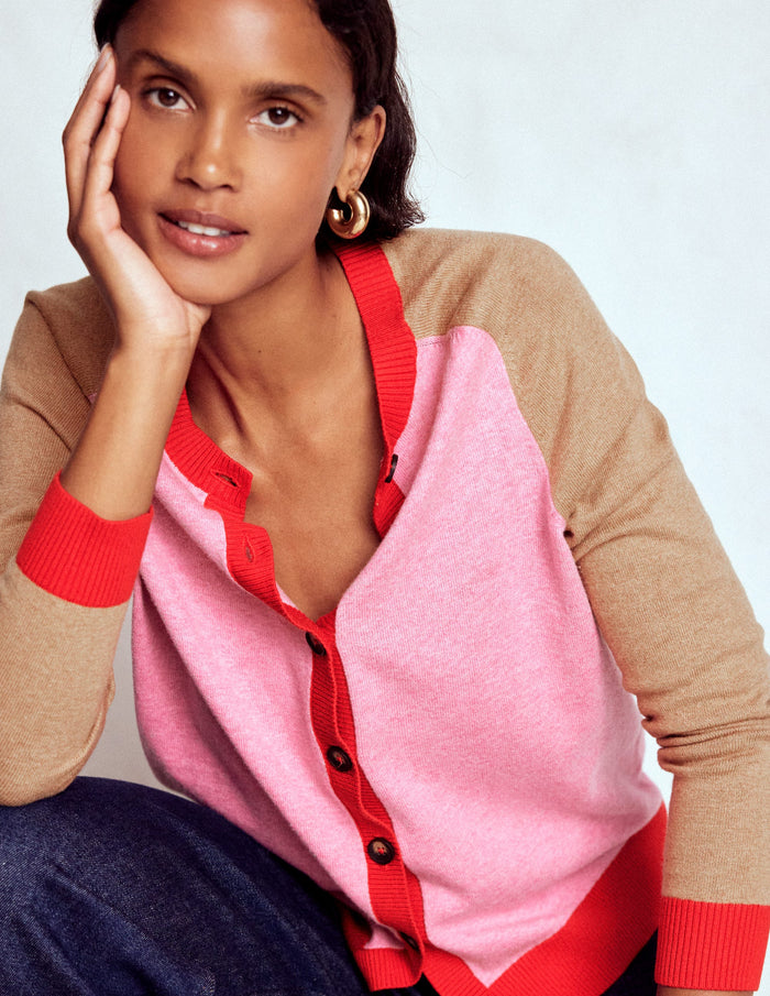 Meg Raglan Sleeve Cardigan Camel, Pink Colour Block