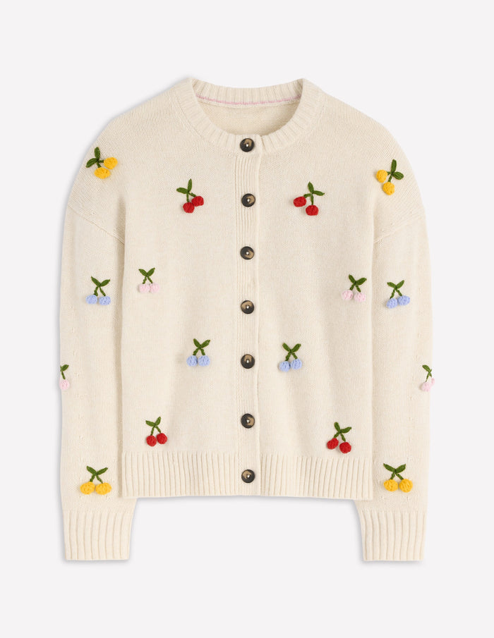 Natalie Embroidered Cardigan Oatmeal Melange, Cherry