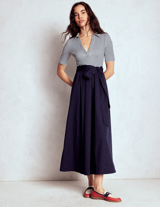 Collar Detail Mix Midi Dress Navy, Ivory Stripe