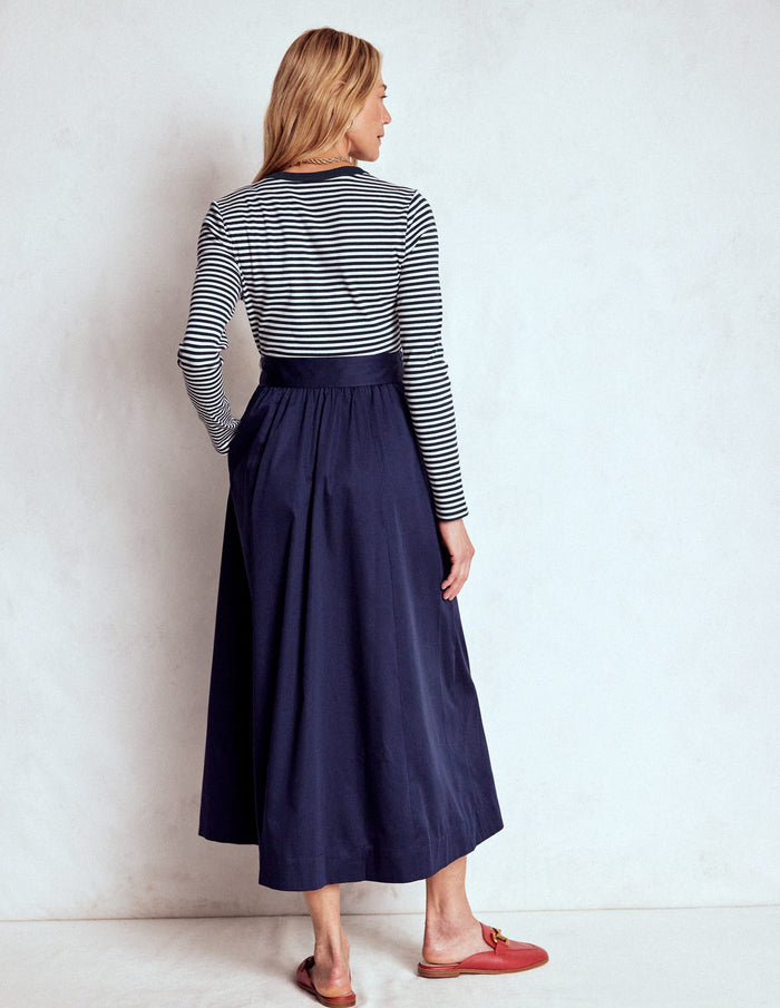 Button Detail Mix Dress Navy Stripe