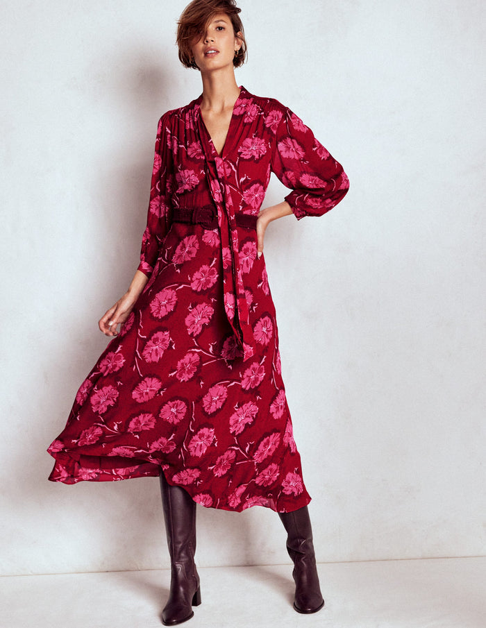 Brooke Tie Neck Tea Dress Cranberry Red, Delicate Vine