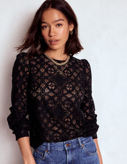 Lace Crew Neck Top Black