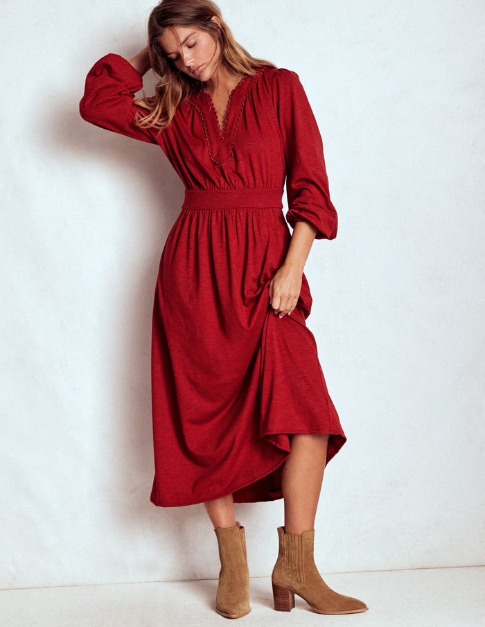 Maddie Picot Trim Midi Dress Carmine Red