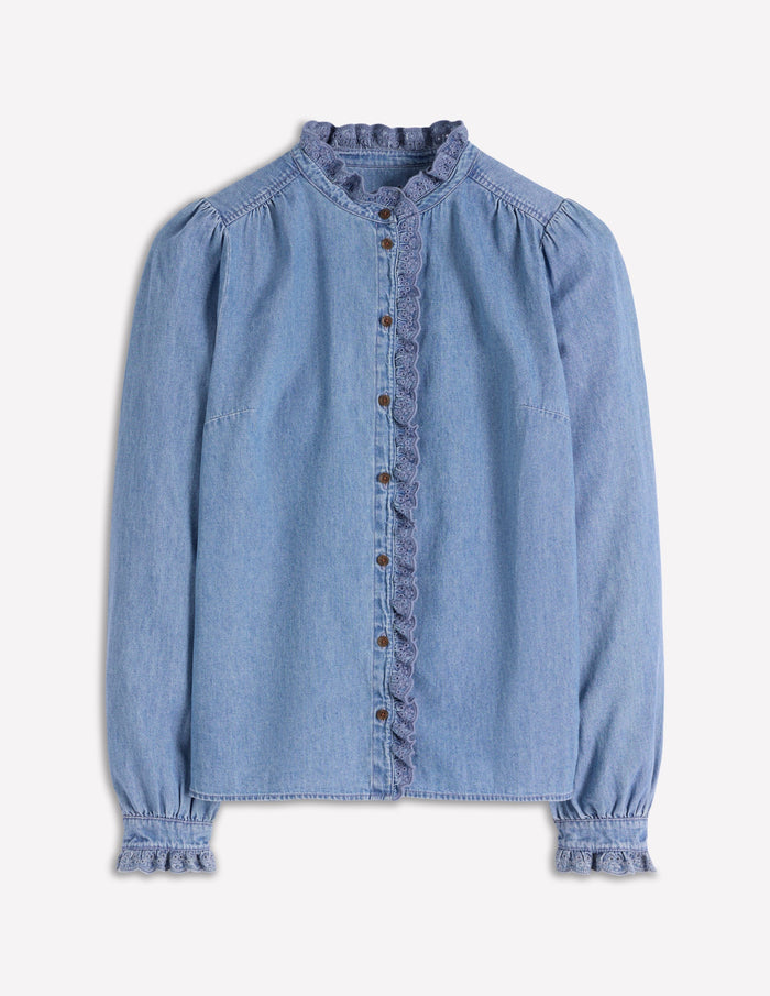 Helena Denim Ruffle Neck Top Light Authentic