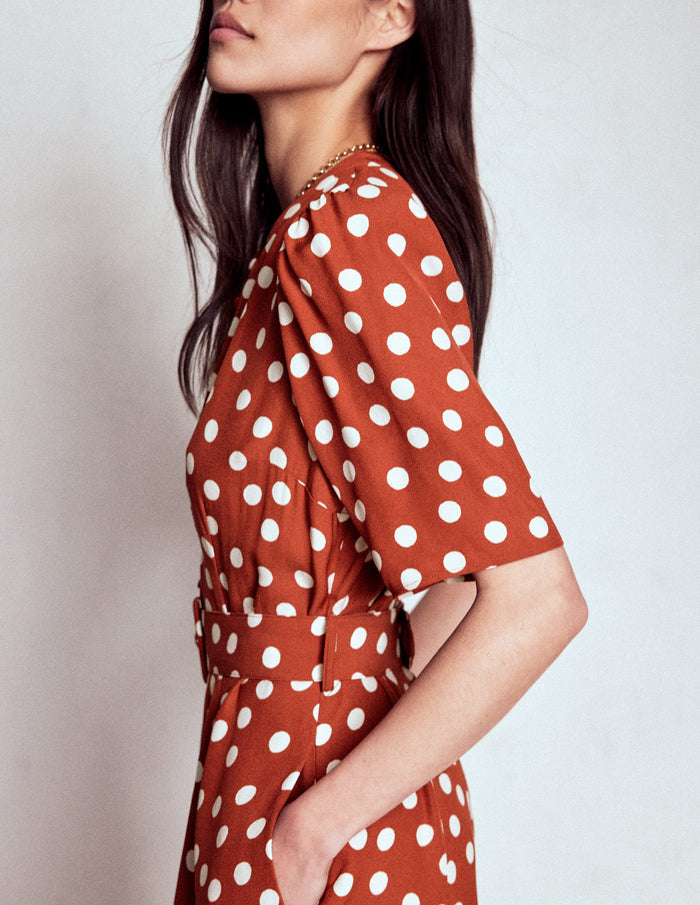 Kate Puff Sleeve Belted Dress Roasted Chestnut, Painted Dot