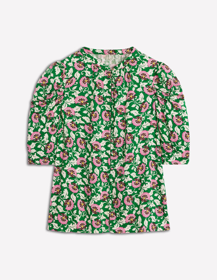 Mutton Sleeve Smart Top Rich Emerald, Ornate Vine