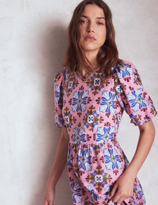 Tiered Poplin Dress Formica Pink, Bloom Mosaic
