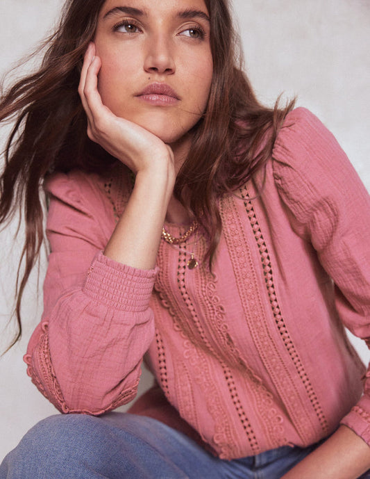 Trim Interest Double Cloth Top Pink Heather