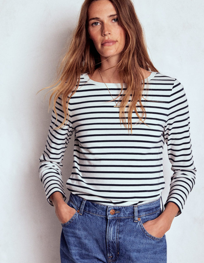 Olivia Long Sleeve Breton Ivory, Navy