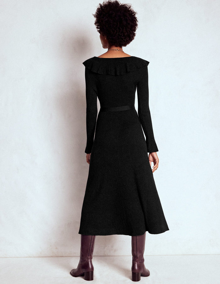 Ruffled Ribbed Dress Black