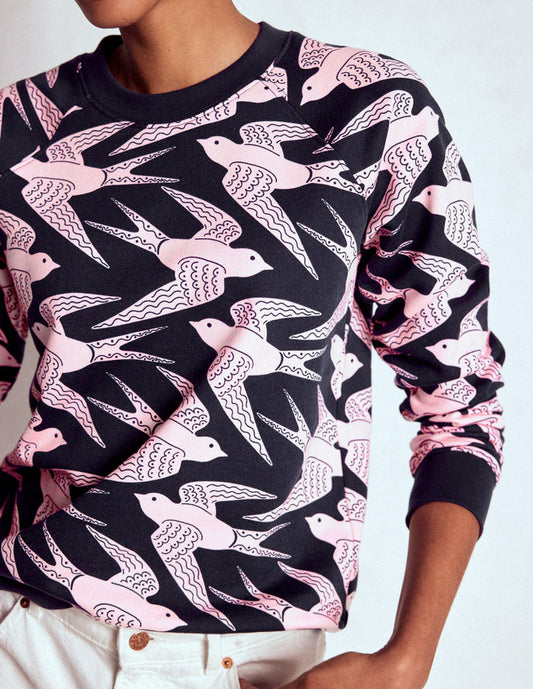 Rosa Printed Sweatshirt Navy, Pink Swooping Swallow
