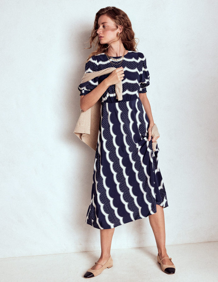 Blanca Midi Tea Dress French Navy, Dainty Scallop